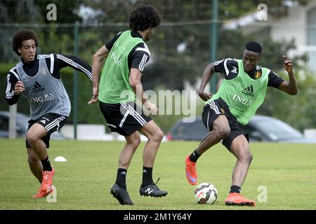20150603 – BORDEAUX, FRANKREICH: Belgischer Axel Witsel, belgischer Marouane Fellaini und belgischer Divock Origi, die am dritten Tag des Trainingslagers der belgischen Fußballnationalmannschaft The Red Devils in Bordeaux, Frankreich, am Mittwoch, den 03. Juni 2015 in Aktion gezeigt wurden. Die Devils bereiten sich auf ein Freundschaftsspiel gegen Frankreich und ein Qualifikationsspiel für die Euro 2016 gegen Wales vor. BELGA FOTO DIRK WAEM Stockfoto