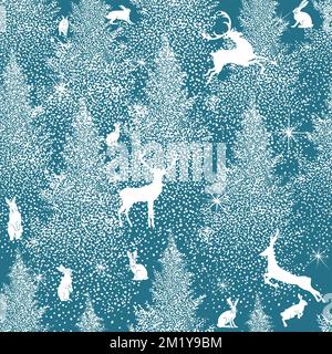 Winter Nahtloses Muster mit Fischbäumen und Kiefern im Schnee. Nadelwald mit Hirschen und Hasen. Weihnachtsdekoration. Vektordarstellung Stock Vektor