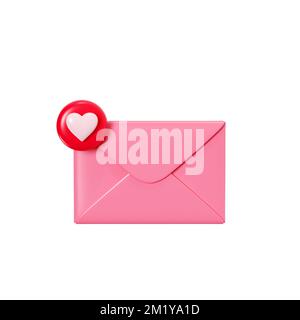 Liebesbrief 3D Rendern - geschlossener rosafarbener Umschlag mit roter Herzbenachrichtigung isoliert auf weiß. Stockfoto