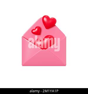 Love Letter 3D Render – offener rosafarbener Umschlag mit fliegendem rotem Herz isoliert auf Weiß. Stockfoto