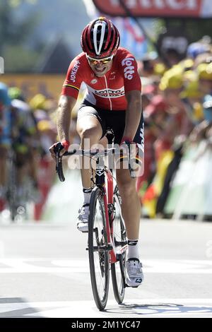 Französischer Tony Gallopin von Lotto - Soudal, abgebildet bei der Ankunft von Stufe 3 der 102.. Ausgabe des Radrennen Tour de France, 159,5 km von Antwerpen nach Huy, Montag, 06. Juli 2015. Stockfoto