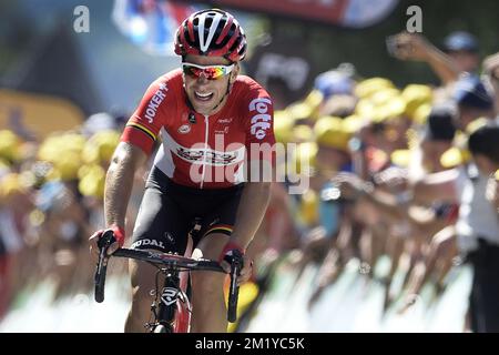 Französischer Tony Gallopin von Lotto - Soudal, abgebildet bei der Ankunft von Stufe 3 der 102.. Ausgabe des Radrennen Tour de France, 159,5 km von Antwerpen nach Huy, Montag, 06. Juli 2015. Stockfoto