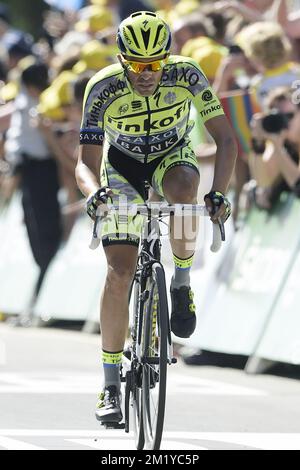 Spanischer Alberto Contador von Tinkoff-Saxo, gefilmt bei der Ankunft von Stufe 3 der 102.. Ausgabe des Radrennen Tour de France, 159,5 km von Antwerpen nach Huy, Montag, 06. Juli 2015. Stockfoto