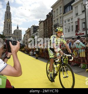 Spanischer Alberto Contador von Tinkoff-Saxo, abgebildet vor Stufe 3 der 102.. Ausgabe des Radrennen Tour de France, 159,5 km von Antwerpen bis Huy, Montag, 06. Juli 2015. Stockfoto