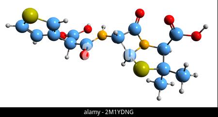 3D-Bild der Ticarcillin-Skelettformel - molekularchemische Struktur des auf weißem Hintergrund isolierten Carboxypenicillins Stockfoto