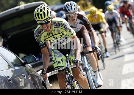 Spanischer Alberto Contador von Tinkoff-Saxo, französischer Romain Bardet von AG2R La Mondiale und britischer Chris Froome von Team Sky, in Aktion während der 16. Etappe der 2015. Ausgabe des Radrennen Tour de France, 201 km von Bourg-de-Peage nach Gap, Frankreich, Montag, 20. Juli 2015. Stockfoto