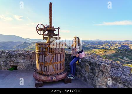 Alte Presse zur Herstellung von Olivenöl neben Feldern voller Olivenbäume in der Provinz Cadiz, Spanien. Stockfoto