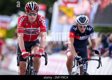 Belgischer Jurgen Roelandts von Lotto - Soudal, der auf der letzten Etappe des Radrennens Tour de Wallonie ankommt, 167,3 km von Chimay bis Thuin, Mittwoch, 29. Juli 2015. Stockfoto