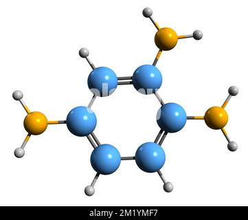 3D-Bild einer Triaminobenzol-Skelettformel - molekularchemische Struktur von auf weißem Hintergrund isoliertem Benzenetriamin Stockfoto