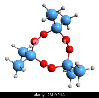 3D-Bild einer Acetonperoxid-Skelettformel - molekularchemische Struktur von auf weißem Hintergrund isoliertem Triacetontriperoxid Stockfoto