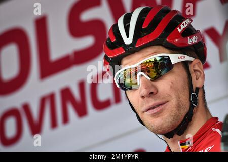 Belgisches Jurgen Roelandts von Lotto - Soudal, gemalt zu Beginn der ersten Etappe des Eneco Tour Radrennen, 183,5 km von Bolsward nach Bolsward, Niederlande, Montag, 10. August 2015. Stockfoto