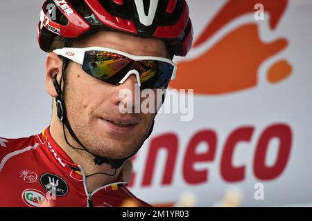 Belgisches Jurgen Roelandts von Lotto - Soudal, gemalt zu Beginn der ersten Etappe des Eneco Tour Radrennen, 183,5 km von Bolsward nach Bolsward, Niederlande, Montag, 10. August 2015. Stockfoto