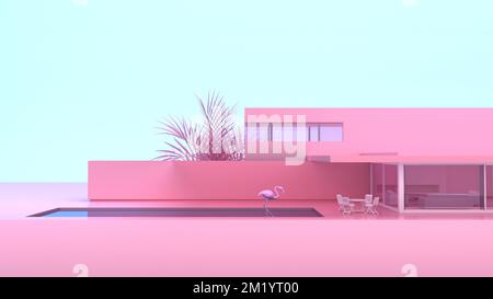 Minimalistisches, modernes Privathaus in Pink mit Flamingos. 3D Rendern Stockfoto