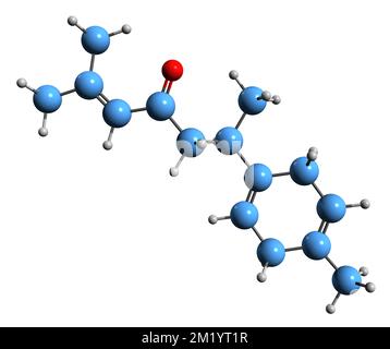 3D-Bild der Turmeron-Skelettformel - molekularchemische Struktur des auf weißem Hintergrund isolierten Sesquiterpenoids Stockfoto