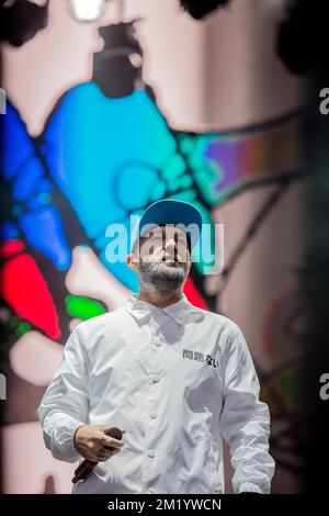 Fred Durst von Limp Bizkit tritt am ersten Tag des dreitägigen Musikfestivals Pukkelpop in Kiewit, Hasselt, Donnerstag, den 20. August 2015 auf. Stockfoto