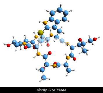 3D-Bild der Phalloidin-Skelettformel - molekularchemische Struktur des auf weißem Hintergrund isolierten Mykotoxins Stockfoto