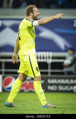 20150916 – GENT, BELGIEN: Das Laurent Depoitre von Gent feiert das erste Spiel in der Gruppenphase des UEFA Champions League-Wettbewerbs in Gruppe H zwischen der belgischen First League-Fußballmannschaft KAA Gent und Olympique Lyon in Gent, Mittwoch, den 16. September 2015. BELGA FOTO JASPER JACOBS Stockfoto