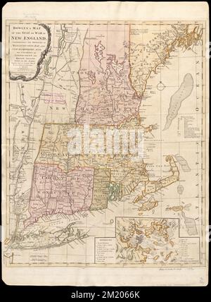 Bowles' Karte des Kriegssitzes in New England, die die Provinzen Massachusets Bay und New Hampshire erfasst : mit den Kolonien Connecticut und Rhode Island ; unterteilt in Counties und Townships ; Zusammen mit einem genauen Plan der Stadt, des Hafens und der Umgebung von Boston, New England, Karten, frühe Arbeiten bis 1800, Boston Harbor Mass., Karten, frühe Arbeiten bis 1800, Boston Mass., Karten, frühe Arbeiten bis 1800, Vereinigte Staaten, Geschichte, Revolution, 1775-1783, Karten, frühe Werke der Norman B. Leventhal Map Center Collection 1800 Stockfoto