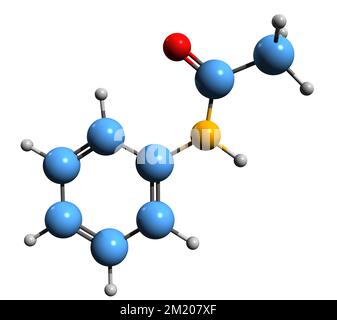 3D-Bild der Acetanilid-Skelettformel - molekularchemische Struktur von N-Phenylethanamid isoliert auf weißem Hintergrund Stockfoto