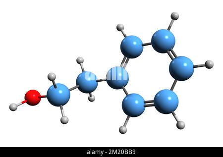 3D-Bild einer Phenäthylalkohol-Skelettformel - molekularchemische Struktur von 2-Phenylethanol isoliert auf weißem Hintergrund Stockfoto