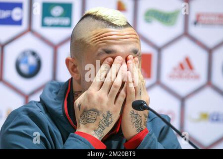 20151112 - BRÜSSEL, BELGIEN: Radja Nainggolan aus Belgien, Foto auf einer Pressekonferenz der belgischen Fußballnationalmannschaft Red Devils, Donnerstag, den 12. November 2015 in Brüssel. Das Team spielt morgen ein freundschaftliches Spiel gegen Italien in Vorbereitung auf EURO2016. BELGA FOTO BRUNO FAHY Stockfoto