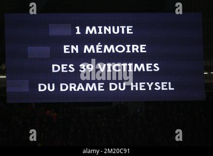 20151113 – BRÜSSEL, BELGIEN: Gedenken an die Heizel-Heysel-Katastrophe 1985 während eines Freundschaftsspiels zwischen der belgischen Nationalmannschaft Red Devils und Italien, Freitag, den 13. November 2015, in Brüssel, ein Spiel zur Vorbereitung der Europameisterschaft EURO2016. BELGA PHOTO VIRGINIE LEFOUR Stockfoto