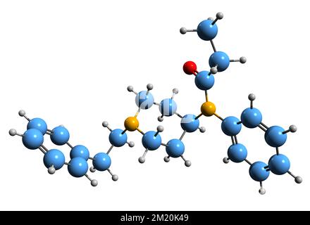 3D-Bild einer Fentanyl-Skelettformel - molekularchemische Struktur eines auf weißem Hintergrund isolierten synthetischen Opioids Stockfoto
