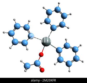 3D-Bild einer Fentinacetat-Skelettformel - molekularchemische Struktur einer auf weißem Hintergrund isolierten Organozinnverbindung Stockfoto