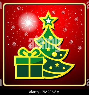 Weihnachtssymbol mit Geschenkbox und Tannenbaum. Vektordekoration Stock Vektor