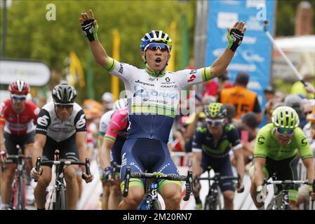 20160119 – LYNDOCH, AUSTRALIEN: Der australische Caleb Ewan von Orica GreenEDGE feiert nach dem Sieg der ersten Stufe des 18. Tour Down Under Cycling Race, 130,8km von Prospect nach Lyndoch, Australien, Dienstag, 19. Januar 2016. BELGA FOTO YUZURU SUNADA Stockfoto