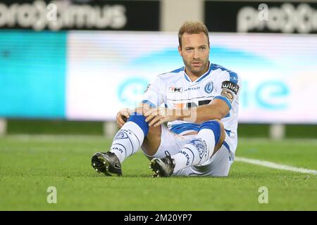 20160203 Uhr – BRÜGGE, BELGIEN: Das Laurent Depoitre von Gent reagiert während des letzten Spiels der Croky Cup Return Leg 1/2 zwischen dem Club Brügge und KAA Gent in Brügge, Mittwoch, den 03. Februar 2016. Gent gewann 2-1 beim ersten Spiel. BELGA FOTO BRUNO FAHY Stockfoto