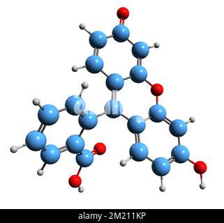 3D-Bild der Fluorescein-Skelettformel - molekularchemische Struktur von Resorcinolphthalein isoliert auf weißem Hintergrund Stockfoto