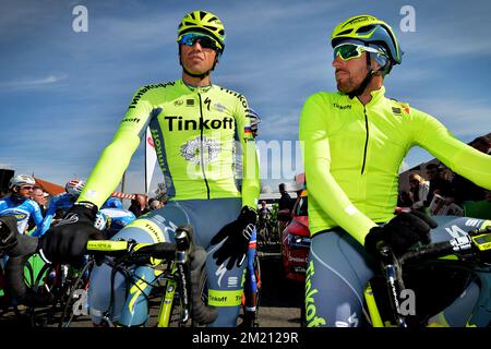 Spanischer Alberto Contador von Tinkoff, Bild zu Beginn der zweiten Etappe des Radrennens Paris-Nizza 74., 213,5 km von Contres bis Commentry, Frankreich, Dienstag, 08. März 2016. Stockfoto