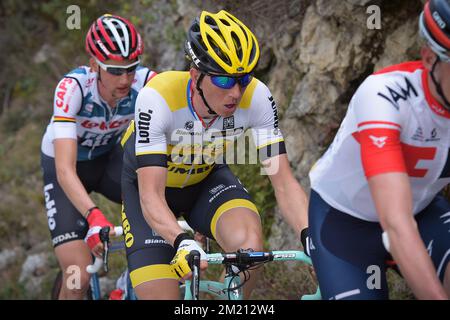 Belgischer Sep Vanmarcke vom Team LottoNL-Jumbo, das auf der letzten Etappe des Radrennens Paris-Nizza 74., 134 km von Nizza nach Nizza, Frankreich, am Sonntag, den 13. März 2016 in Aktion gezeigt wurde. Das Rennen beginnt am 6.. Und endet am 13.. März. BELGA FOTO DAVID STOCKMAN Stockfoto