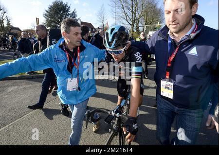 Der polnische Michal Kwiatkowski von Team Sky wurde nach dem Gewinn der 59.. Ausgabe des Radrennen „E3 Prijs Vlaanderen Harelbeke“, 215,3km von und nach Harelbeke, Freitag, den 25. März 2016, abgebildet. BELGA FOTO DIRK WAEM Stockfoto