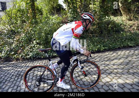 Australischer Heinrich Haussler von IAM Cycling in Aktion während einer Aufklärung der Rennstrecke, Freitag, den 01. April 2016, vor dem eintägigen Radrennen „Ronde van Vlaanderen - Tour des Flandres - Tour of Flanders“. Stockfoto