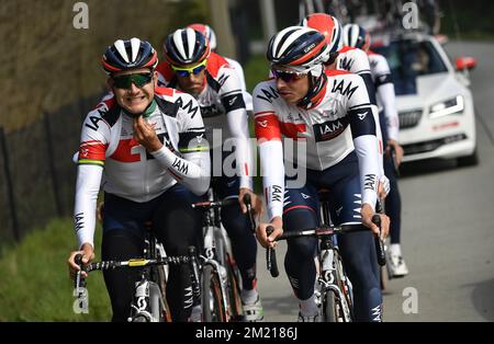 Australischer Heinrich Haussler von IAM Cycling, das am Freitag, den 01. April 2016, vor dem eintägigen Radrennen „Ronde van Vlaanderen - Tour des Flandres - Tour of Flanders“ auf einer Rennstrecke abgebildet wurde. Stockfoto