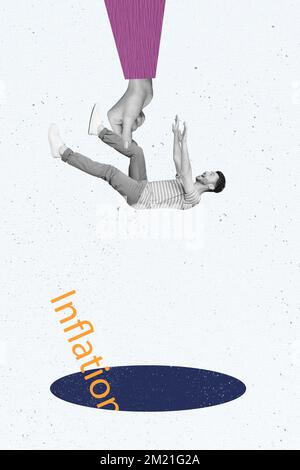 Creative 3D-Fotocollage Grafikmalerei mit Armbemalung, der den Kerl in ein dunkles Inflationsloch steckt isolierter Zeichnungshintergrund Stockfoto