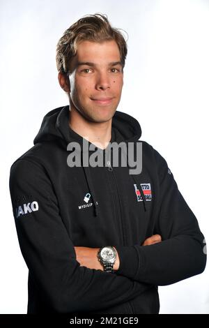 Der belgische Jens Debusschere von Lotto Soudal posiert für den Fotografen vor der Vorstellung der Teams für das Radrennen Baloise Belgium Tour am Dienstag, den 24. Mai 2016 in Beveren. Stockfoto