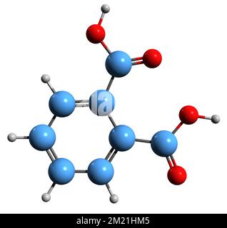 3D-Bild einer Phthalsäure-Skelettformel - molekularchemische Struktur der auf weißem Hintergrund isolierten Benzoldisäure Stockfoto