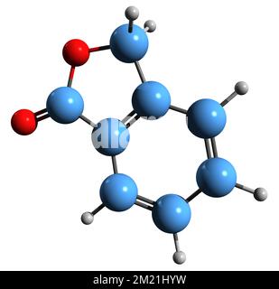 3D-Bild einer Phthalide-Skelettformel - molekularchemische Struktur von gamma-Lacton-Phthalanon isoliert auf weißem Hintergrund Stockfoto