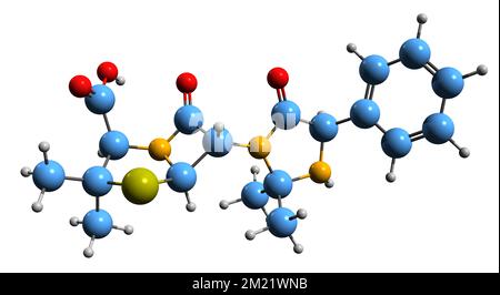 3D Bild der Skelettformel von Hetacillin - molekulare chemische Struktur des Beta-Lactam-Antibiotikums, isoliert auf weißem Hintergrund Stockfoto