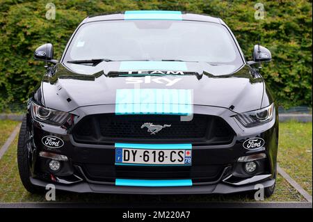 Das Abbildungsbild zeigt Team Sky nach einer Trainingsfahrt in Saint-Lo vor dem Start des Radrennen Tour de France 103., Donnerstag, den 30. Juni 2016 in Saint-Lo, Frankreich. Die diesjährige Tour de France findet vom 2.. Juli bis 24rth. Juli statt. BELGA FOTO DAVID STOCKMAN Stockfoto