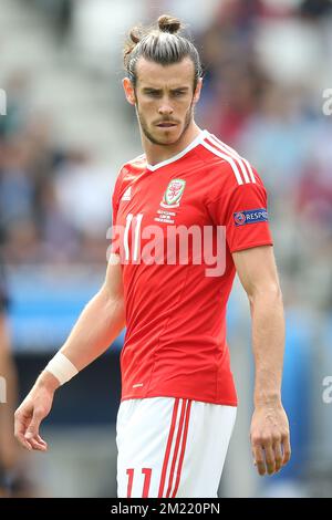 Gareth Bale von Wales, dargestellt während eines Fußballspiels zwischen Wales und der Slowakei, in Gruppe B der Gruppenphase der UEFA Euro 2016-Europameisterschaft, Samstag, den 11. Juni 2016 in Bordeaux, Frankreich. Stockfoto