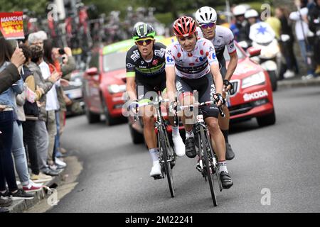 Norvegian Vegard Breen of Fortuneo-Vital Concept, der deutsche Paul Voss von Bora-Argon 18 und der belgische Jasper Stuyven von Trek-Segafredo, die in der zweiten Etappe der 103.. Ausgabe des Radrennen Tour de France, 183 km von Saint-Lo nach Cherbourg-en-Cotentin, in Aktion gezeigt wurden, Sonntag, 03. Juli 2016, Frankreich. Stockfoto