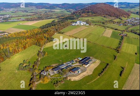 Luftaufnahme, landwirtschaftlicher Betrieb und im Hintergrund das Fraunhofer-Institut für Molekularbiologie und angewandte Ökologie im Bezirk Grafschaft in Stockfoto