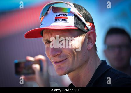 Deutscher Andre Greipel von Lotto Soudal, gefilmt zu Beginn der vierzehnten Etappe des Radrennens Tour de France 103., 208,5km km von Montelimar nach Villars-les-Dombes, am Samstag, den 16. Juli 2016. Stockfoto