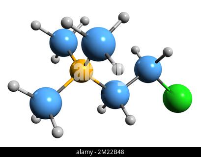 3D-Bild der Chlormequat-Skelettformel - molekularchemische Struktur von Chlorcholin isoliert auf weißem Hintergrund Stockfoto