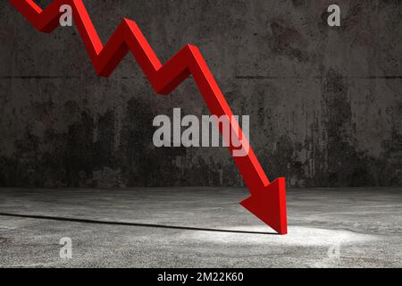 Ein roter Abwärtspfeil, der auf den Betonboden trifft. Veranschaulichung des Konzepts des Wirtschaftsabschwungs, des Rückgangs der Aktienkurse und der Rezession Stockfoto