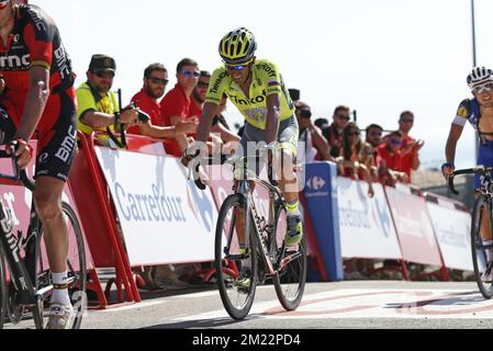 Der spanische Alberto Contador von Tinkoff wurde in der dritten Etappe des Radrennen Vuelta 71., 176,4 km von Marin bis Dumbria, Spanien, am Montag, den 22. August 2016, fotografiert. Stockfoto